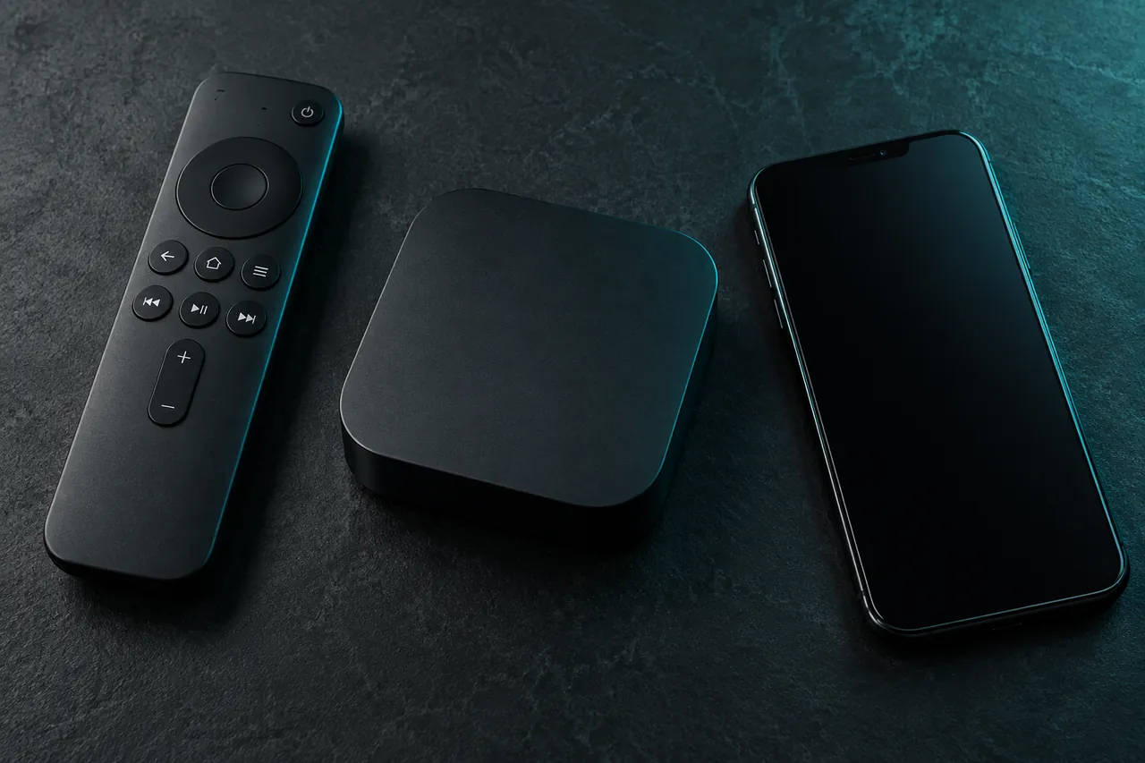 Controle remoto, celular e dispositivo de streaming sobre uma mesa escura.