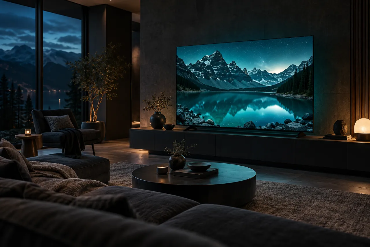 Televisão em uma sala escura exibindo uma paisagem de montanhas e lago.